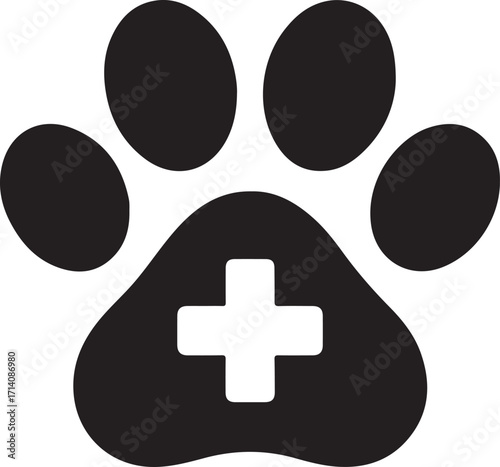Dog paw print with a medical cross inside, clean vector icon style in black