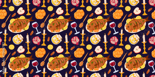 Seamless pattern with roasted fish, challah bread, apple, pomegranate, honey, candle, kiddush wine and dates symbolizing traditional jewish holiday rosh hashanah celebration in cartoon style.