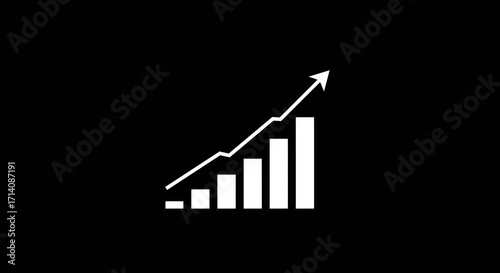 Simple white bar chart icon with an upward trending arrow on a black background. A symbol of business growth, financial success, and positive data analysis