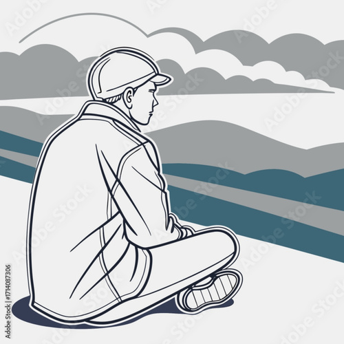 Minimilist man sitting in lotus position wearing cap and jacket looking at landscape in black and white drawing vector