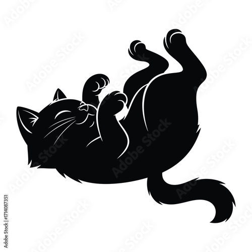 Playful Black Cat Silhouette: A charming black cat reclines, captured in a playful silhouette, expressing pure joy and contentment. A timeless image to symbolize happiness