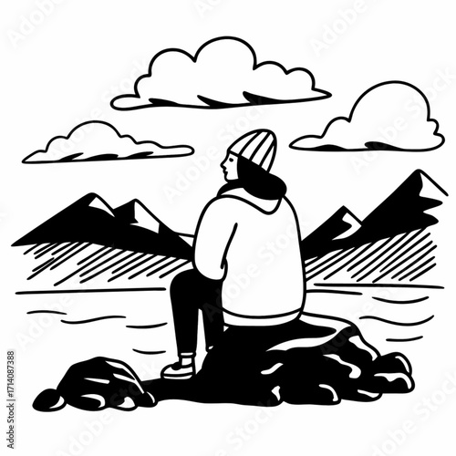 Minimilist person with beanie sitting on a rock looking at mountains and clouds in a black and white illustration vector