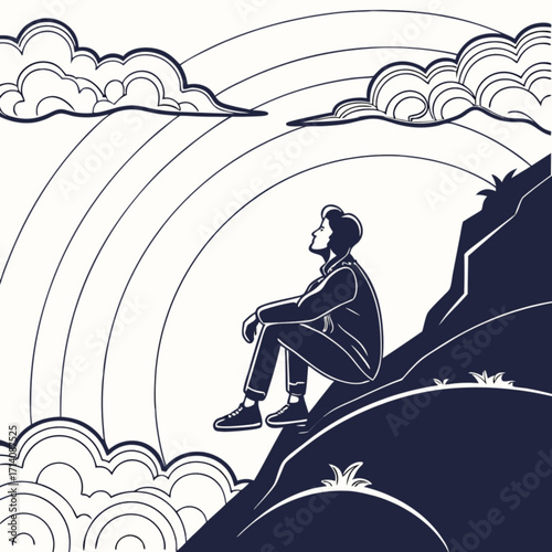 Minimilist a man sitting on a hill looking at a rainbow with clouds in a black and white minimalist design vector