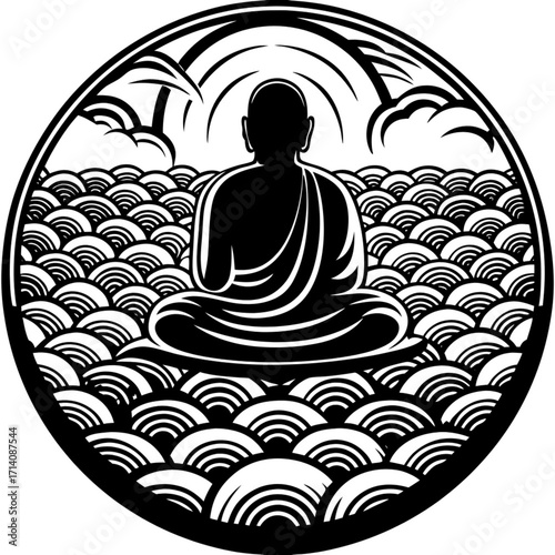 Minimilist silhouette of a monk meditating above a patterned sea under a cloudy sky in a circular black frame design vector
