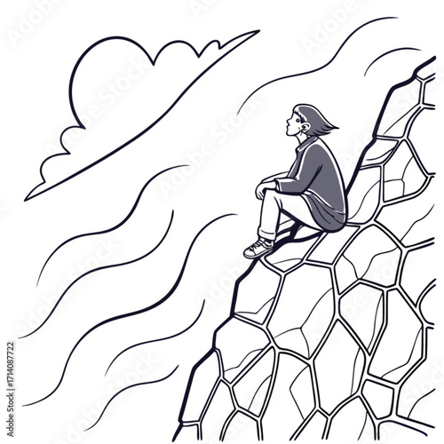 Minimilist a person sitting on a rocky cliff edge looking up at a cloud in a black and white line drawing style vector