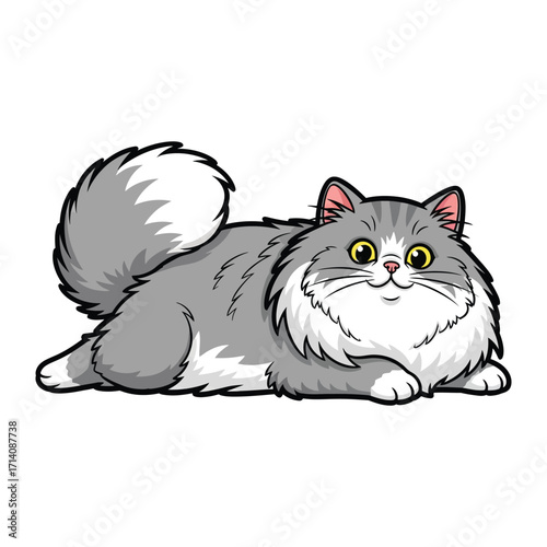 Fluffy Companion: A charming illustration of a cuddly gray and white cat, its expressive eyes and soft fur creating a heartwarming image.
