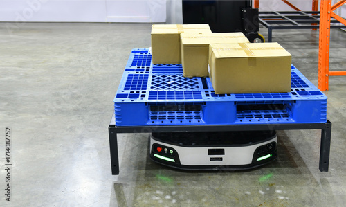 Autonomous Cargo transport robot in warehouses automation Robots in storage hangar. AGV for moving racks, Warehouse automation concept.