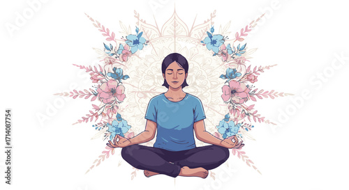A serene woman in the lotus pose practices yoga and meditation, promoting health and wellness
