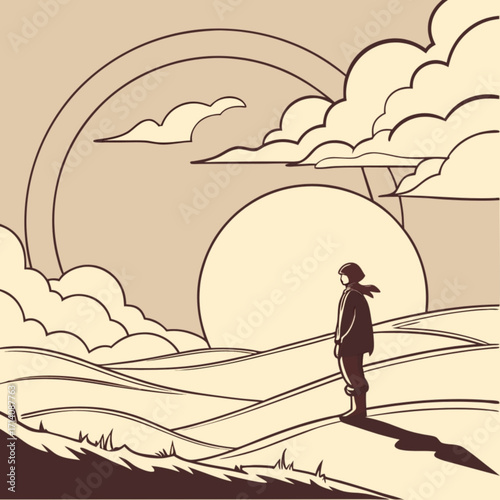 Minimilist person standing on a hill looking at the sun with clouds and a rainbow in a sepia toned illustration vector