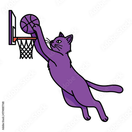 Cat's Alley-oop: A purple cat defies gravity, performing an incredible slam dunk in this whimsical cartoon.