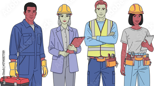 Four workers standing together wearing safety gear and holding tools