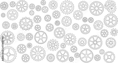Illustration of many gears scattered on a white background