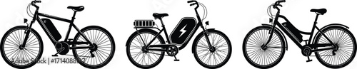 Three electric bicycles in black and white vector illustration