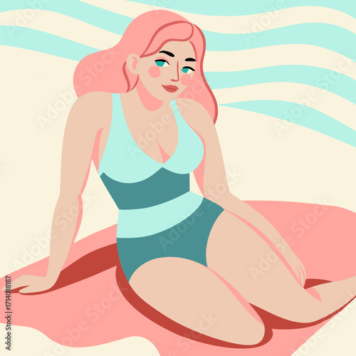 Swimsuit on Beach Mat. Smiling woman in swimsuit relaxing on beach towel illustration