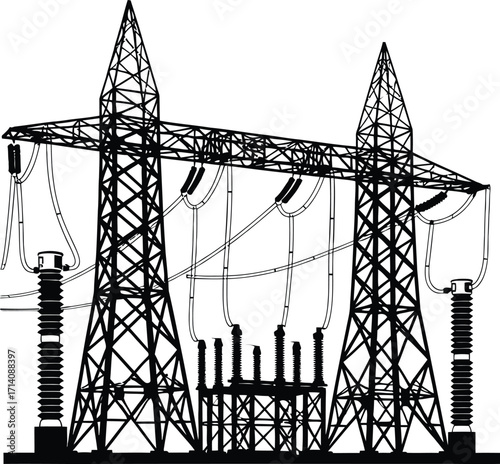 Illustration of black and white electrical power substation