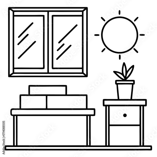 Minimilist outline drawing of a room interior featuring a window, sun, table, plant and a nightstand in black and white vector