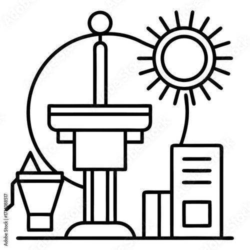 Minimilist illustration of a scientific apparatus with a sun and geometric shapes in a line art style drawing vector