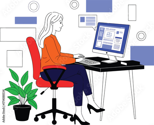 Woman working on computer at desk in modern office illustration