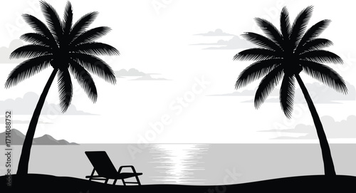 Silhouette of beach with palm trees and chair facing the ocean