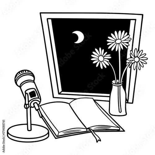 Minimilist illustration of a microphone next to an open book with a window and flowers in the background vector