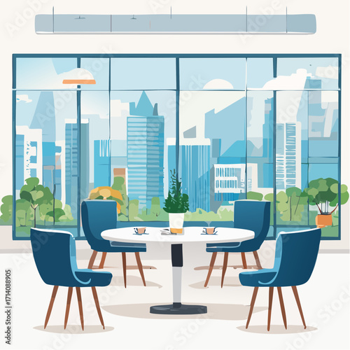 Modern City View Dining Room with Round Table and Blue Chairs