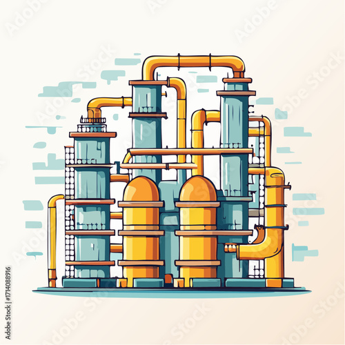 Industrial Plant Illustration with Blue and Yellow Towers and Pipes