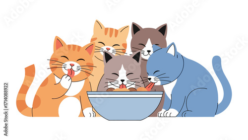 Playful Cats at Dinner: A heartwarming depiction of five adorable cats gathered around a shared bowl of food, their playful expressions and unique color variations create a charming scene.