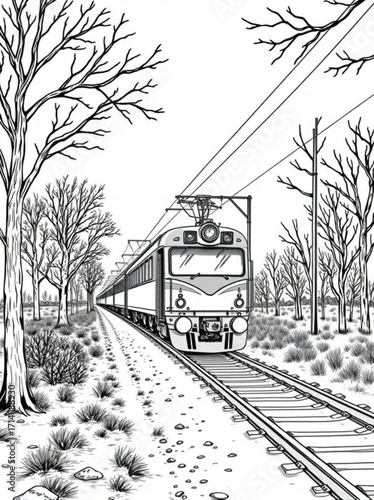 Minimilist a detailed monochrome drawing of a train on tracks surrounded by barren trees in a winter landscape vector