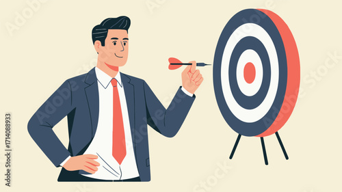Man in suit throwing dart at target with confidence pose