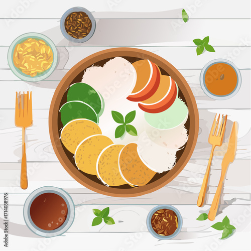 Overhead View of Colorful Food Arrangement on Wooden Table