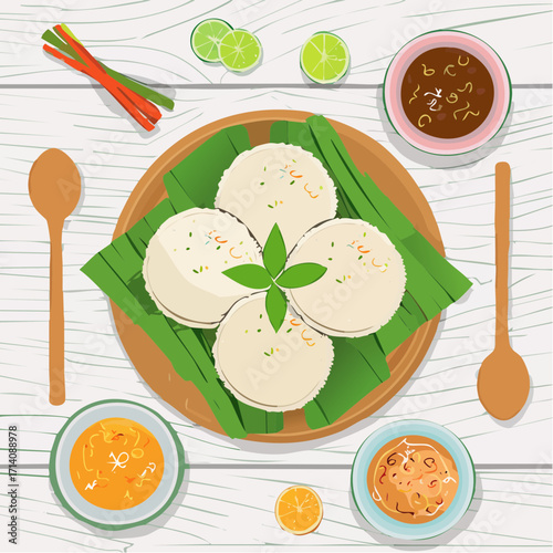 Overhead View of Four Idlis on Banana Leaf with Dipping Sauces