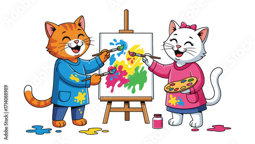 Artistic Felines: Playful cartoon cats collaborate, painting a vibrant canvas with brushes and a palette of colorful hues, representing creative fun and collaboration.
