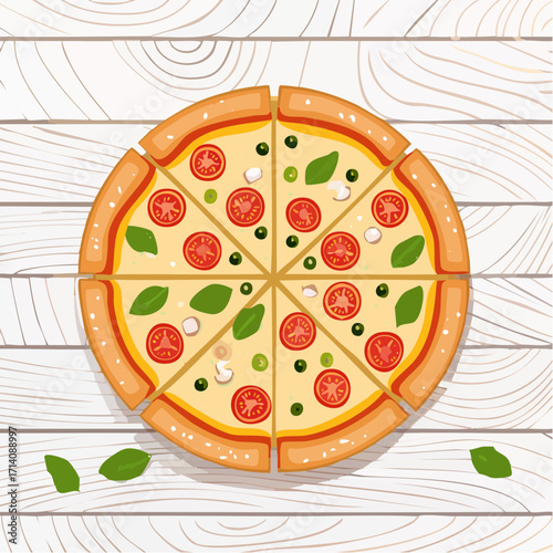 Overhead View of Delicious Pizza Slices on Wooden Table