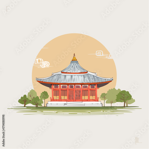 Pixel Art Asian Temple at Sunset