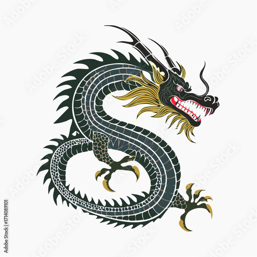 Powerful Black And Gold Dragon Illustration