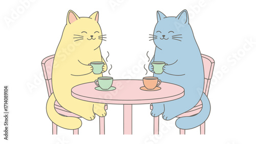 Cats' Coffee Date: Delightful illustration of two colorful cats enjoying coffee, capturing a moment of simple friendship and cheerful companionship, amidst a pastel-colored cafe setting.