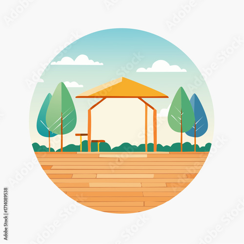 Park Pavilion with Wooden Deck and Trees