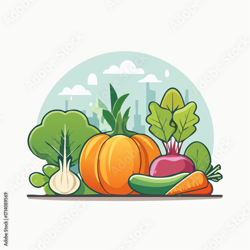 Vibrant Autumn Vegetables Against Cityscape