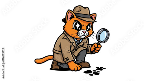 Detective Cat on the Case: An adorable cartoon detective cat with magnifying glass investigating a mystery with a comical expression, evoking intrigue and curiosity.