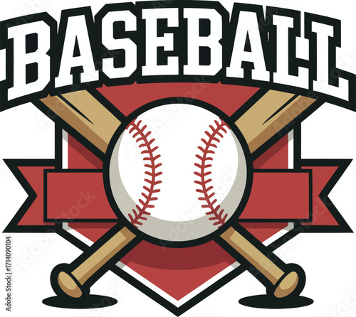 Baseball logo with ball bats and red banner illustration