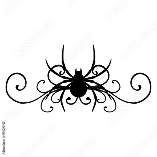 Logo con silueta de araña con filigrana caligráfica. Silueta con florituras para tarjetas y felicitaciones de Halloween