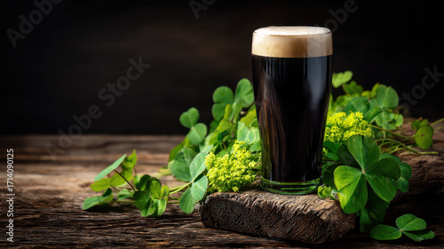 Dark Irish ale presented in an elegant glass with fresh clovers on a rustic wooden table