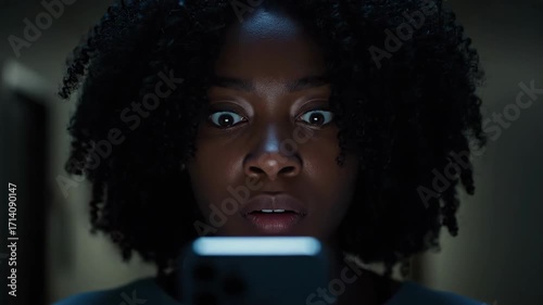 Woman Looks at Phone in Hallway at Night With Startled Expression on Her Face After Seeing Something Surprising
