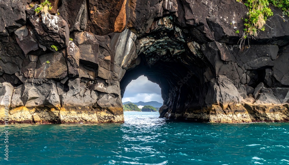 Fototapeta premium Dark rock archway over turquoise water