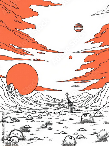 Minimilist a giraffe stands in a desolate landscape with orange clouds and planets in the sky on a white background vector
