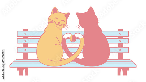 Cat in Love: Two adorable cartoon cats sit cozily on a park bench. Their tails intertwine to form a heart, symbolizing love. a symbol of love and warmth, perfect for expressing affection.