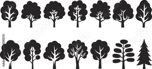 Silhouette collection of diverse tree shapes, coniferous and deciduous varieties, botanical illustration set for landscape design, forestry, nature, and educational projects