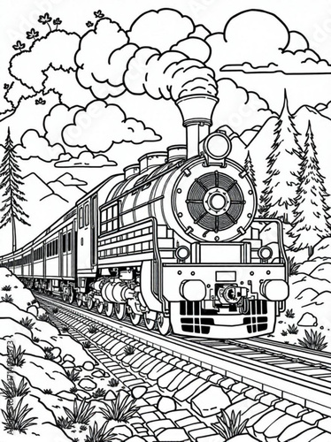 Minimilist detailed line art of a steam train with carriages in a mountainous landscape and cloudy sky above it vector