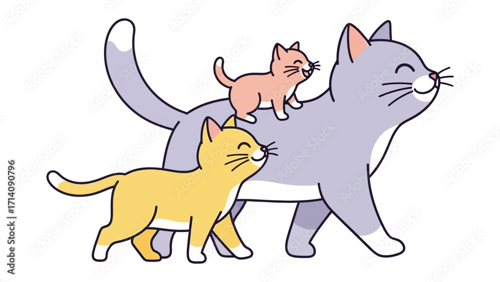 Naklejka premium Cat Family's Expedition: a playful illustration of a happy cat family enjoying a vibrant moment, with mother cat and two kittens creating a delightful, whimsical scene.