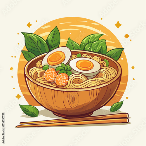 Delicious Ramen Noodles in Wooden Bowl with Soft Boiled Eggs